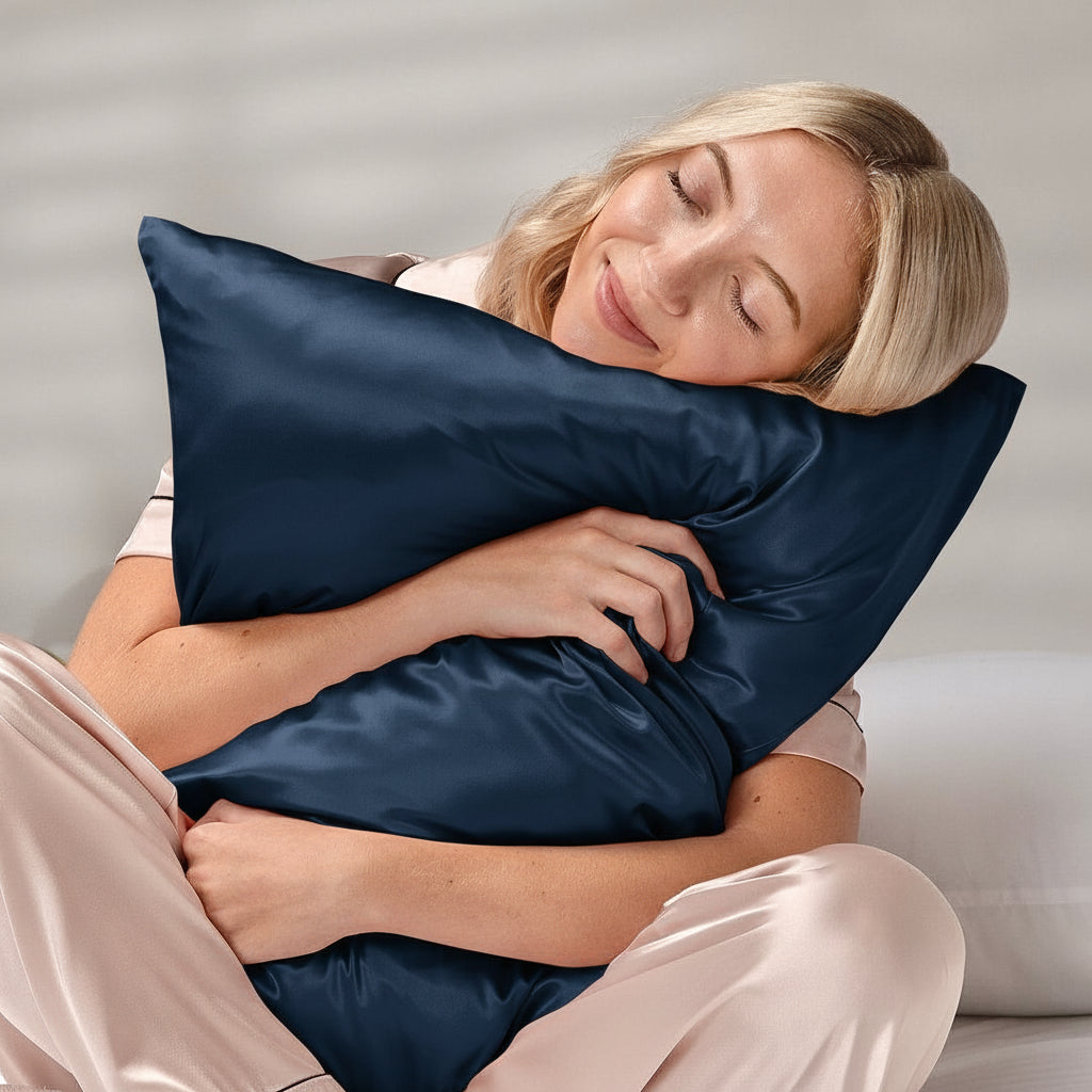 taie d‘Orreiler en Satin de soie 100% bleu nuit