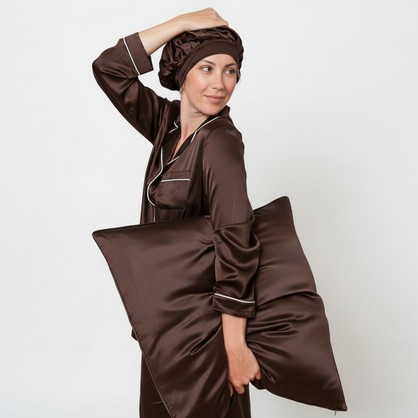 taie d‘Orreiler en Satin de soie 100% Espresso