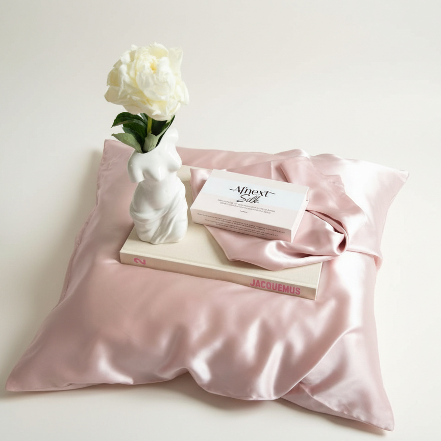 taie d‘Orreiler en Satin de soie 100% Rose